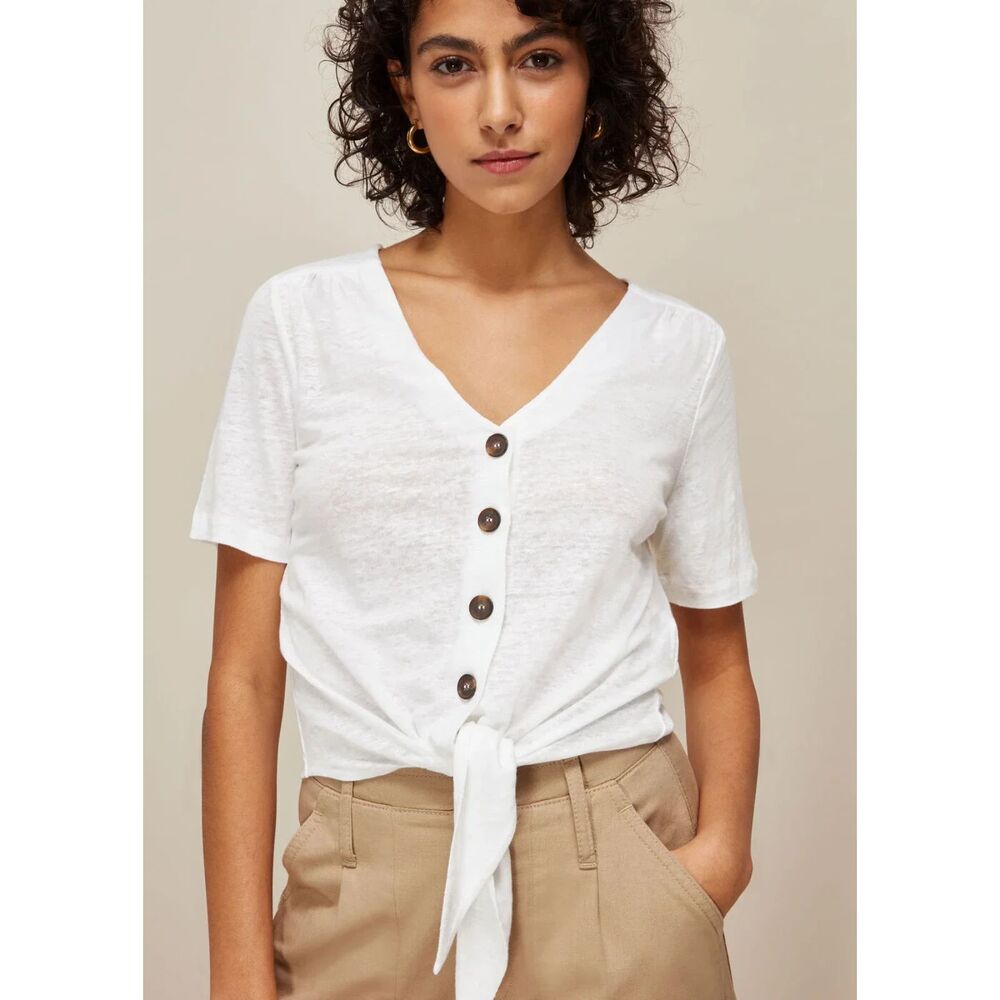 Whistles White Linen Button Front Tie Top Size Small